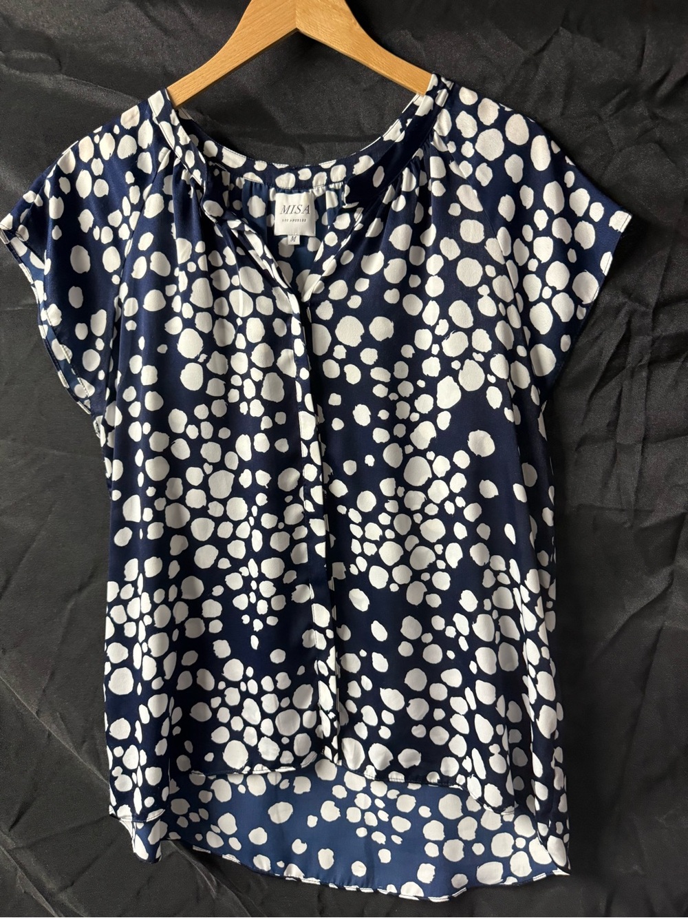 Misa Los Angeles Navy & White Dot Cap Sleeve Blouse size Medium
